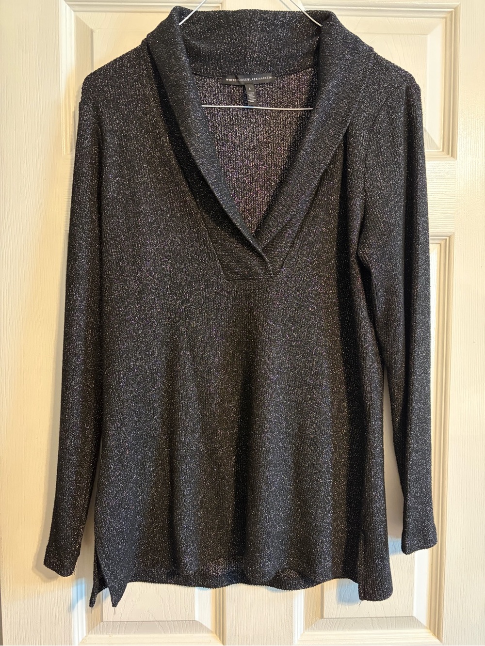 White House Black Market Metallic Cowl Neck Sweater Black Gray Sparkle L